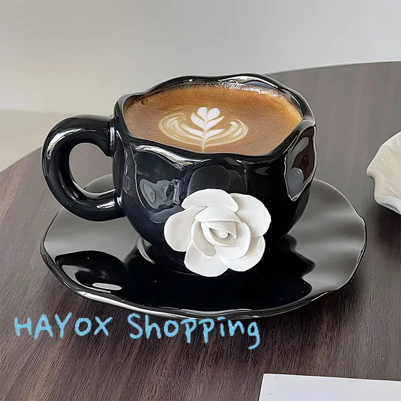 Lanjia French Camellia Ceramic Mugs D White Rose Breakfast Milk Coffee Cup Saucer Set High Quality Kitchen Drinkware B B A
