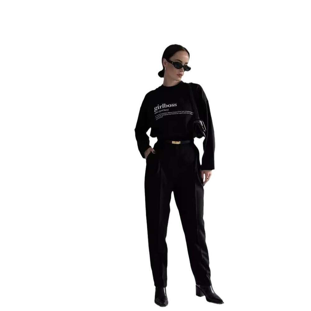 American Style Printed T-Shirt For Women, Pure Cotton Long Sleeve Letter Pattern Loose Top Ins B5