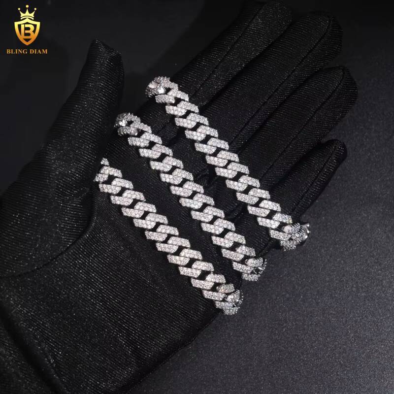 Hot Sale VVS Moissanite Iced Out Jewelry 925 Silver Cuban Link Chain Necklace Bracelet Men Pass Diamond Tester Hip Hop with GRA