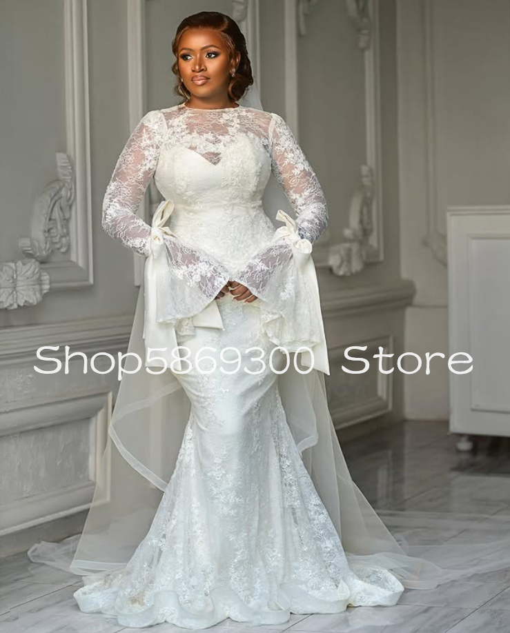 African Mermaid Garden Wedding Dresses Fairy Long Sleeve Fully Lace Applique Aso Ebi Bridal Gown Customsized robe de mariee