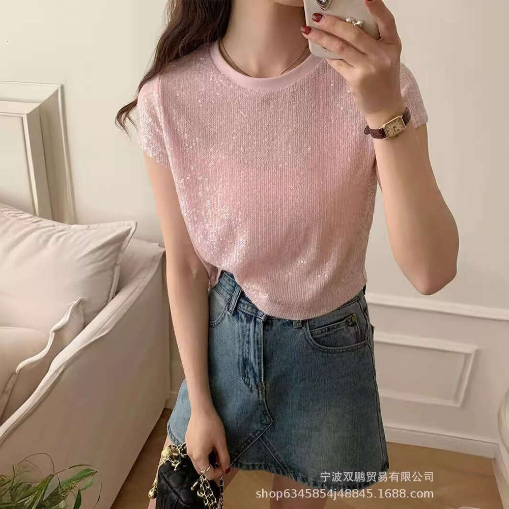 Summer New Sequin Short Sleeve Ins Style Mesh Top Women's Macaron Color B5