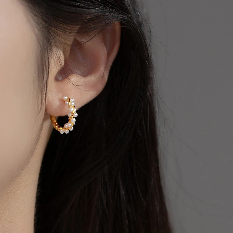 Moidan 925 Sterling Silver Charm Twine Pearl Hoop Earrings Trendy Gold Color Ear buckle For Women Wedding Fine Jewelry Gifts 250716