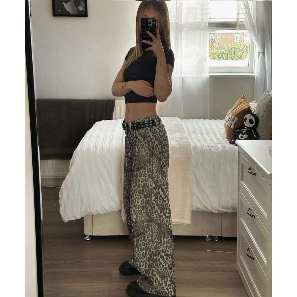 American Style Fashionable Leopard Print Mid-Low Waist Loose Wide-Leg Pants Women Straight-Leg Casual Cargo Jeans B5