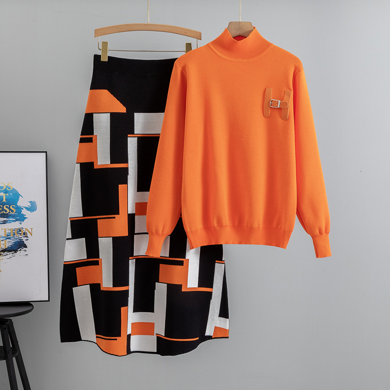 Color-Block Sweater and Skirt Set for Women Autumn Winter Knitted Top Two-Piece Set 250718