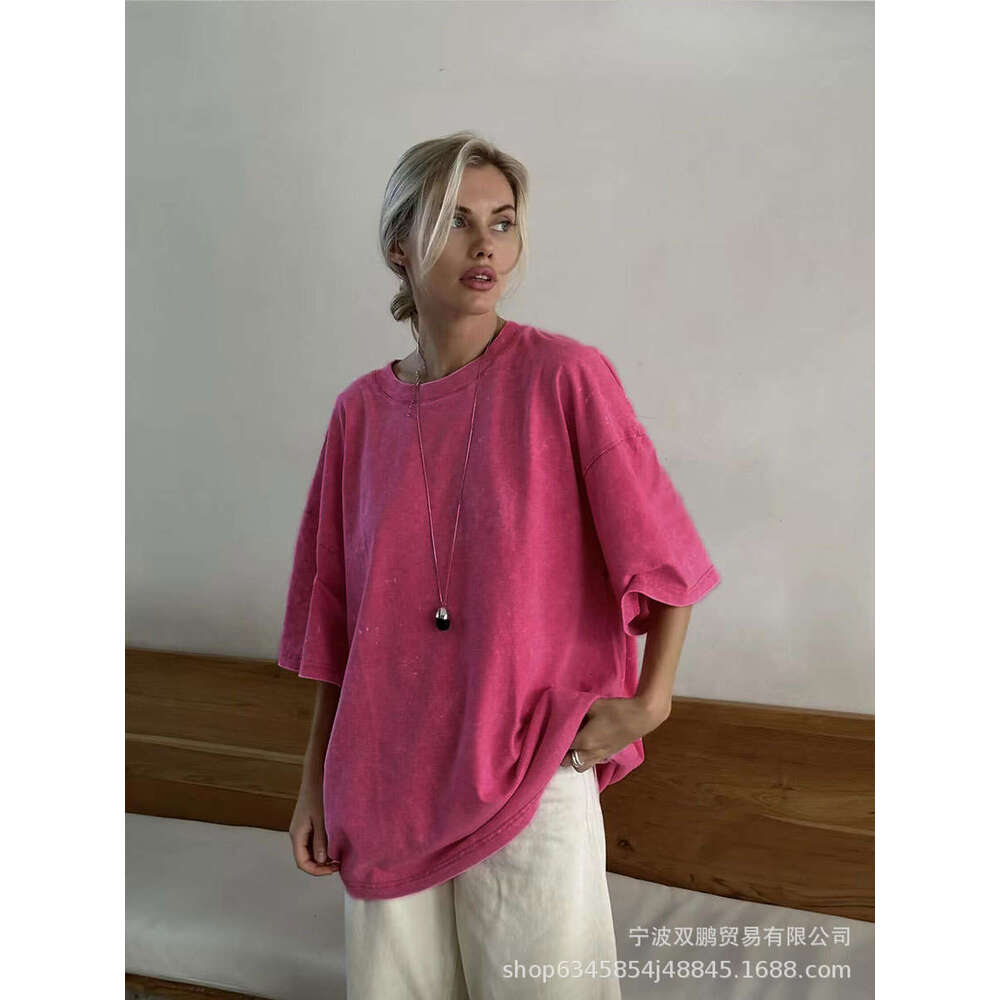 Minimalist Style Washed Vintage Pure T-Shirt Summer Colorful Loose 260G Cotton Short Sleeve Top For Women B5