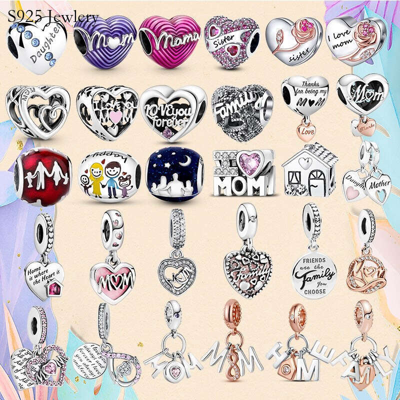 925 Sterling Silver bead fit Charms Charm Bracelet Mom Sister Daughter Heart charmes ciondoli DIY Fine Beads Jewelry