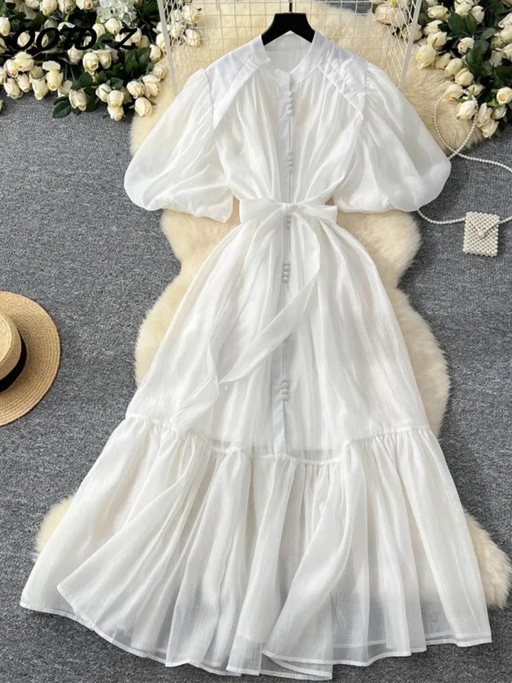 Elegant Lace Up Solid Women Dresses Party Ruffles Puff Sleeve Single Breasted Female Dress 2025 Summer Lady Maxi Vestidos 250715