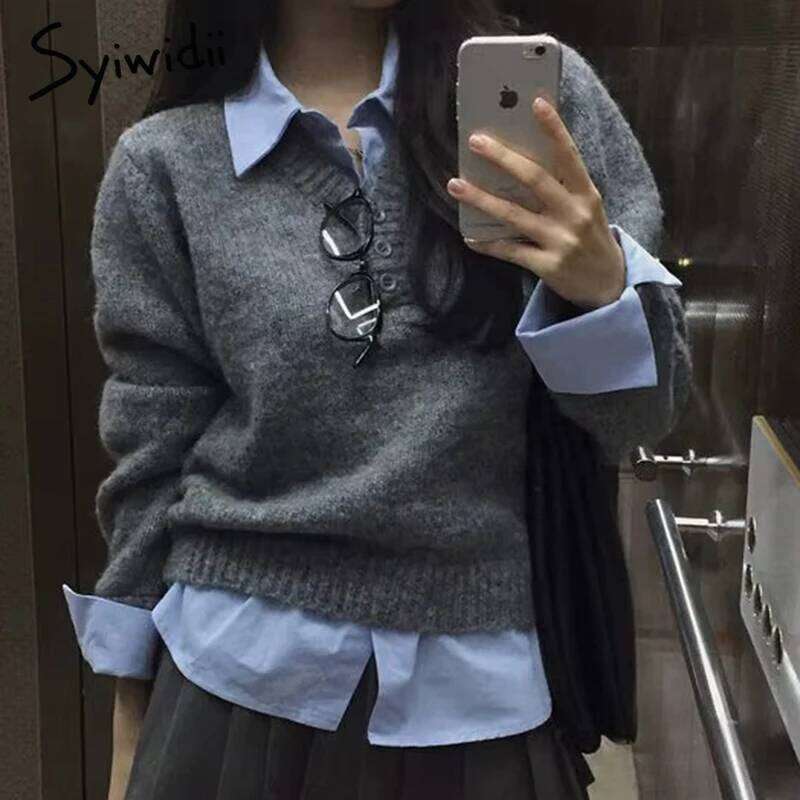 Syiwidii Simple Fake Two-Piece Knitted Women Pullover Fashion Lapel Long Sleeve Sweater 2025 Early Spring New Chic Female Tops MDNG