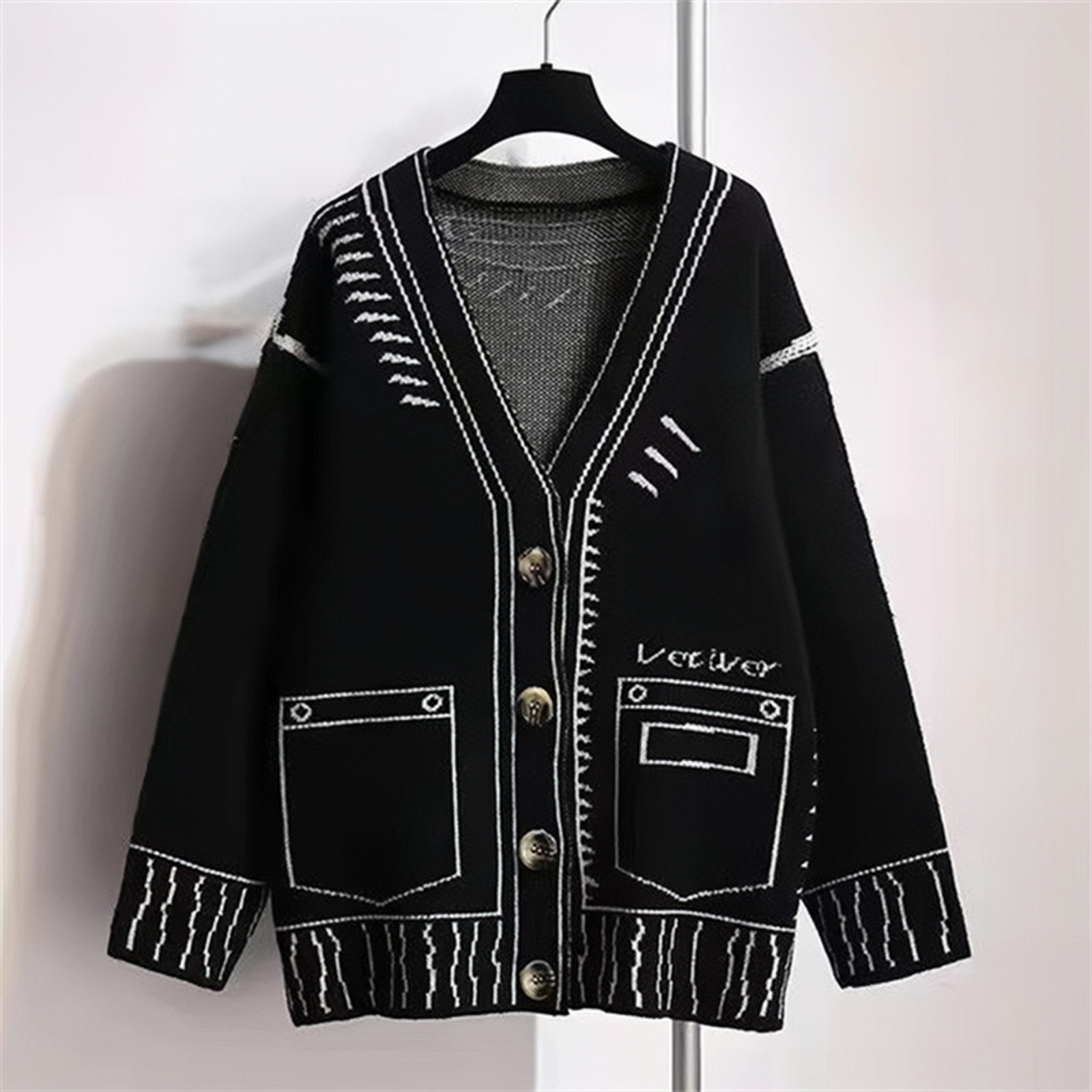 Maoning Autumn Winter Sweater Black and White Oversized Jacquard Loose Lazy Style Knitted Womens Cardigan 250718