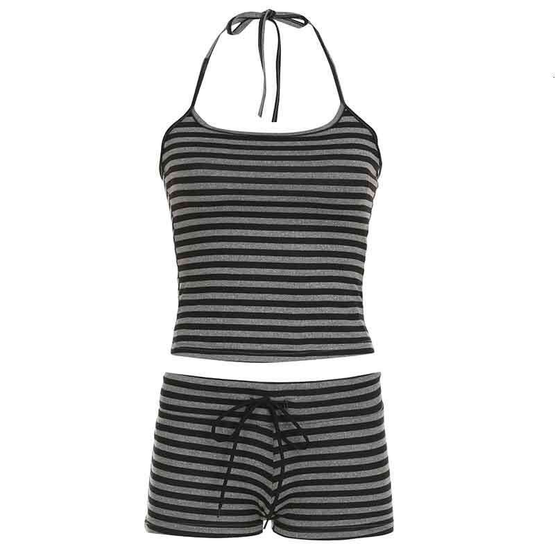 American Style Sports Casual Slim Fit Hot Girl Homewear Halter Neck Strap Top Tie Shorts Striped Two-Piece Set B5 g5