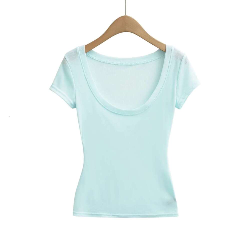 Slightly Transparent Thin U-Neck Short Sleeve T-Shirt For Women Summer Slim Fit Inner Layer Base Shirt Hot Girl White Slimming Regular Shoulder Top B5