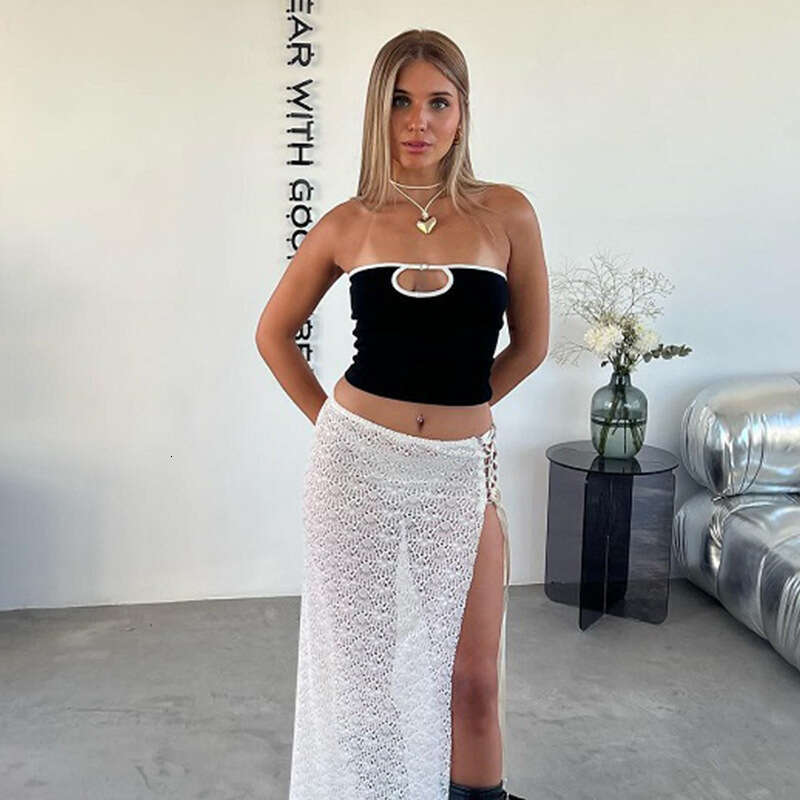 Summer New Color-Block Small Vest Women's Sexy Hollow Out Ultra Short Female Base Layer Tube Top B5