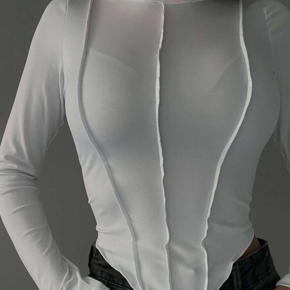 Solid Color Split Chest Long Sleeve Round Neck T-Shirt Spring Autumn New Women's Top B5