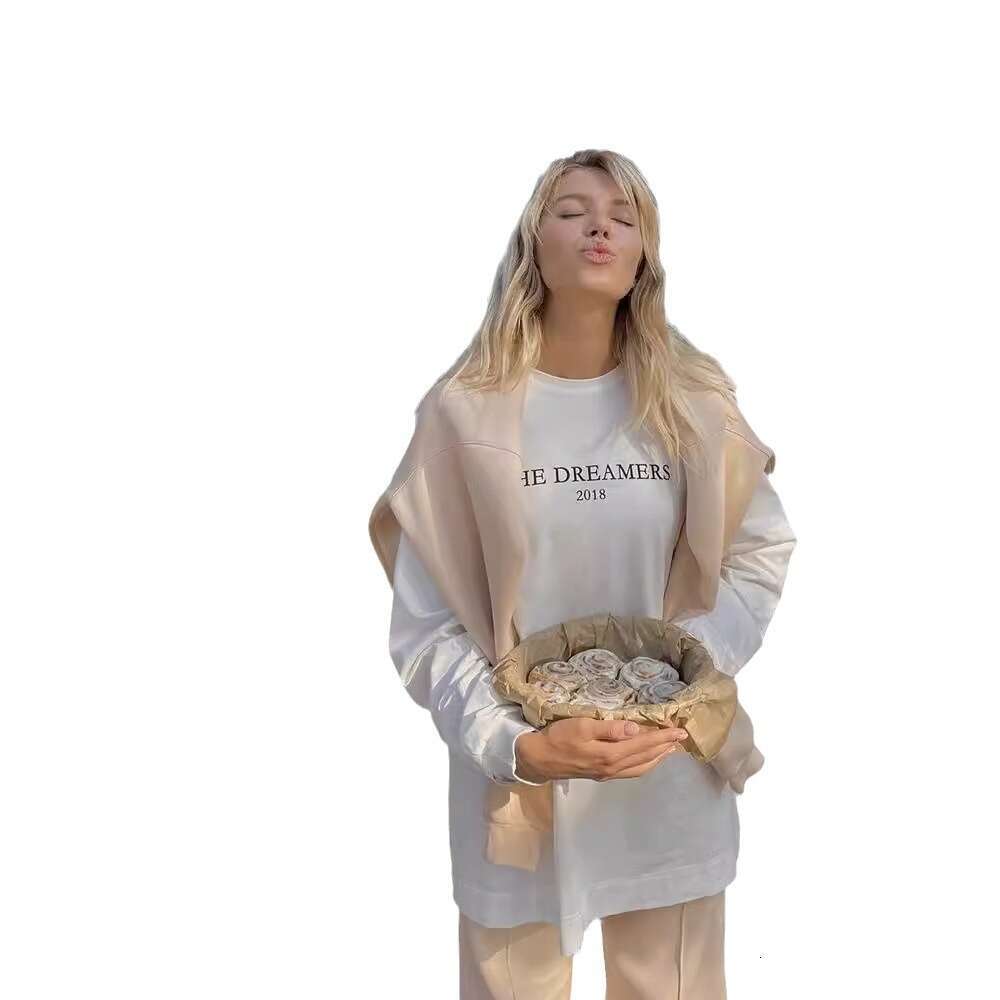 Ins Simple Style American Print Round Neck T-Shirt For Women, Pure Cotton Long Sleeve With Ribbed Cuffs, Loose Top, New B5