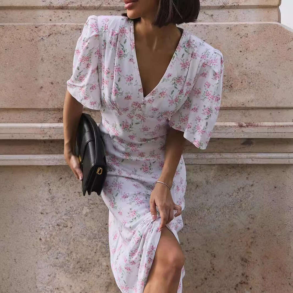 Short Sleeve Summer New V-Neck Regular Shoulder High Waist Long Floral Dress B5