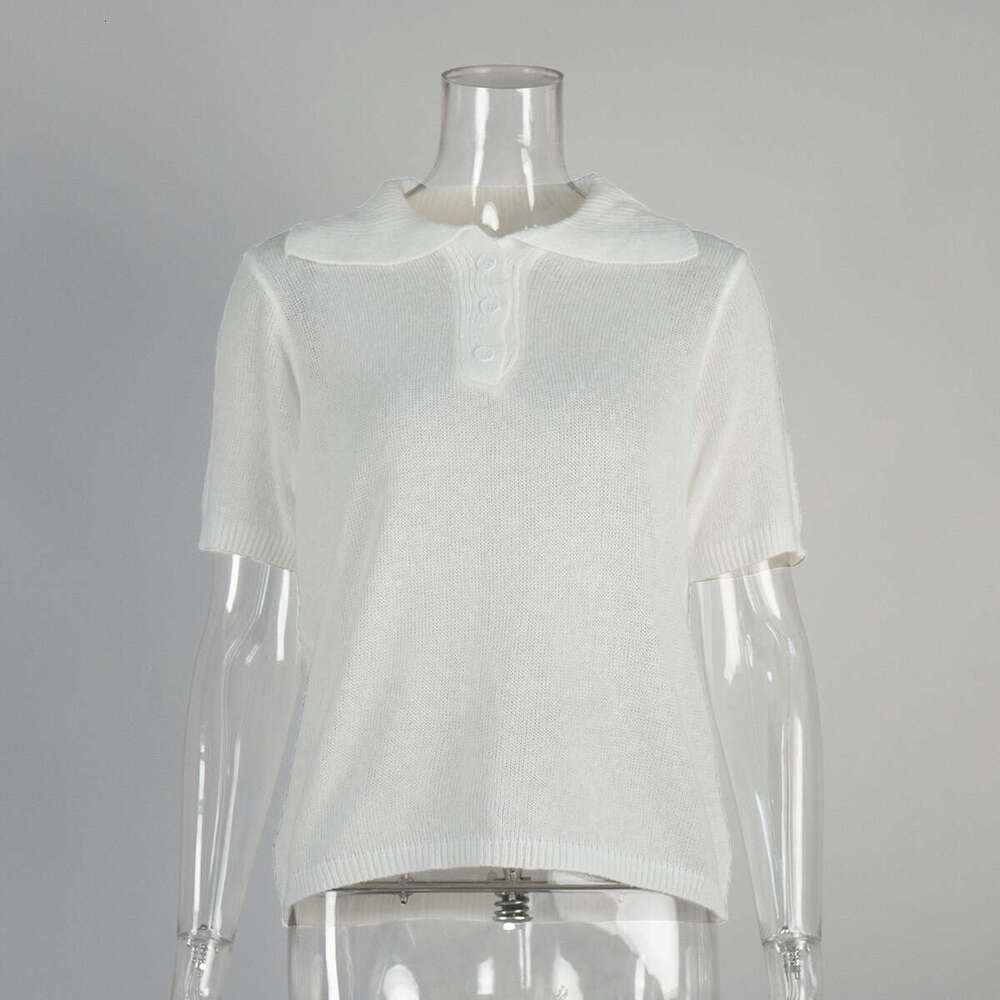Polo Hollow Short Spring Summer New Puff Sleeve T-Shirt Simple Knitted Sweater For Women B5