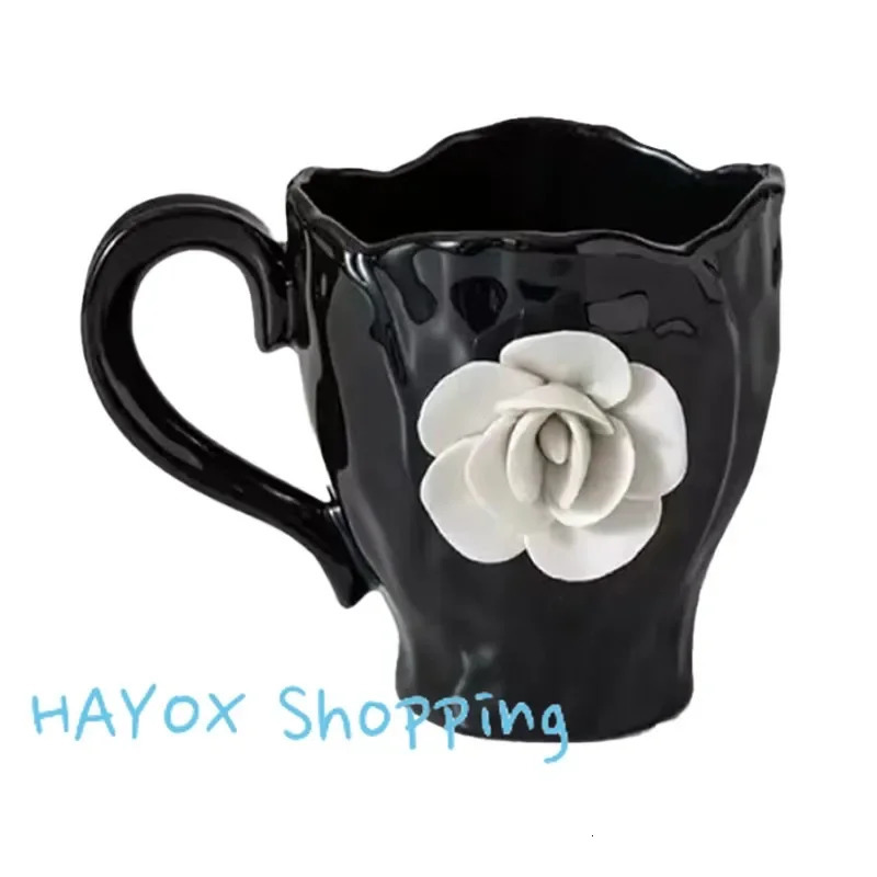 Lanjia French Camellia Ceramic Mugs D White Rose Breakfast Milk Coffee Cup Saucer Set High Quality Kitchen Drinkware B B A