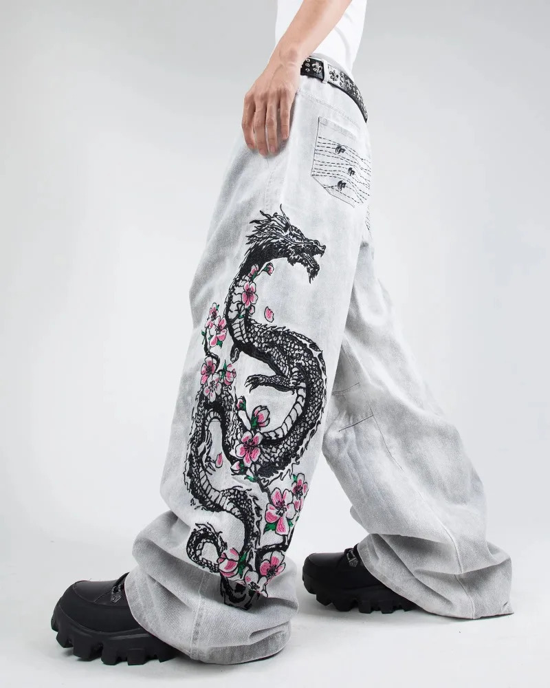 Y2K baggy jeans oversized vintage dragon embroidery pattern black jeans hip hop streetwear gothic Harajuku unisex wide leg pants 250716
