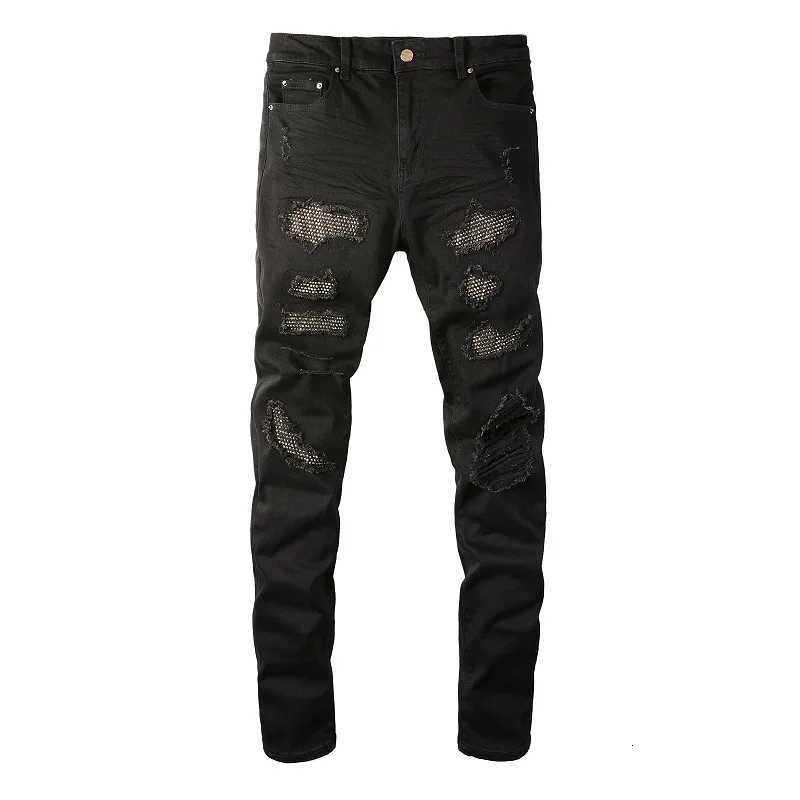 2025 Men Crystal Stretch Denim Jeans with Holes Ripped Black Cotton Pants Streetwear Skinny Tapered Trousers X2507181