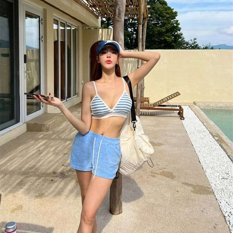 New Blue Striped Bikinis High Waist Shorts Swimsuit Women Swimwear Beach Wear Bathing Suits Korean Bikini Set Pool Bather 2025