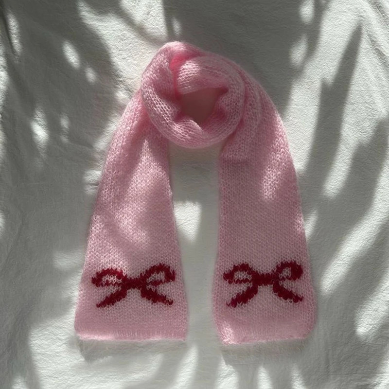 Japanese Kawaii Knitted Scarf Bowknot Pattern Soft Warm Scarf Y2k Fairy Aesthetic Clothing Accessories Winter Neck Warmer Scarf 250717