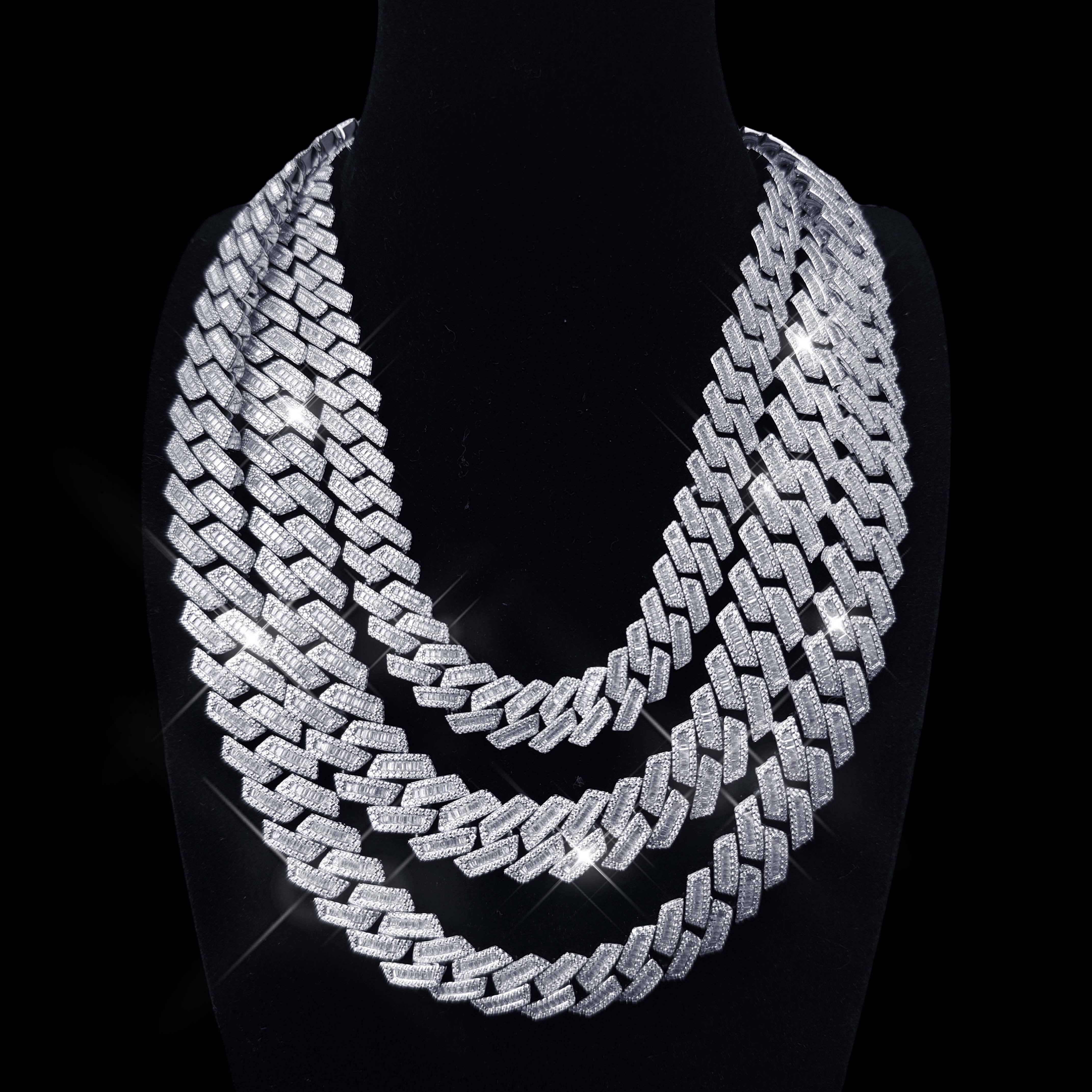 Hiphop Cuban Chain 18mm Iced Out 925 Sterling Silver Straight Edge Baguette Moissanite Cuban Link Chain