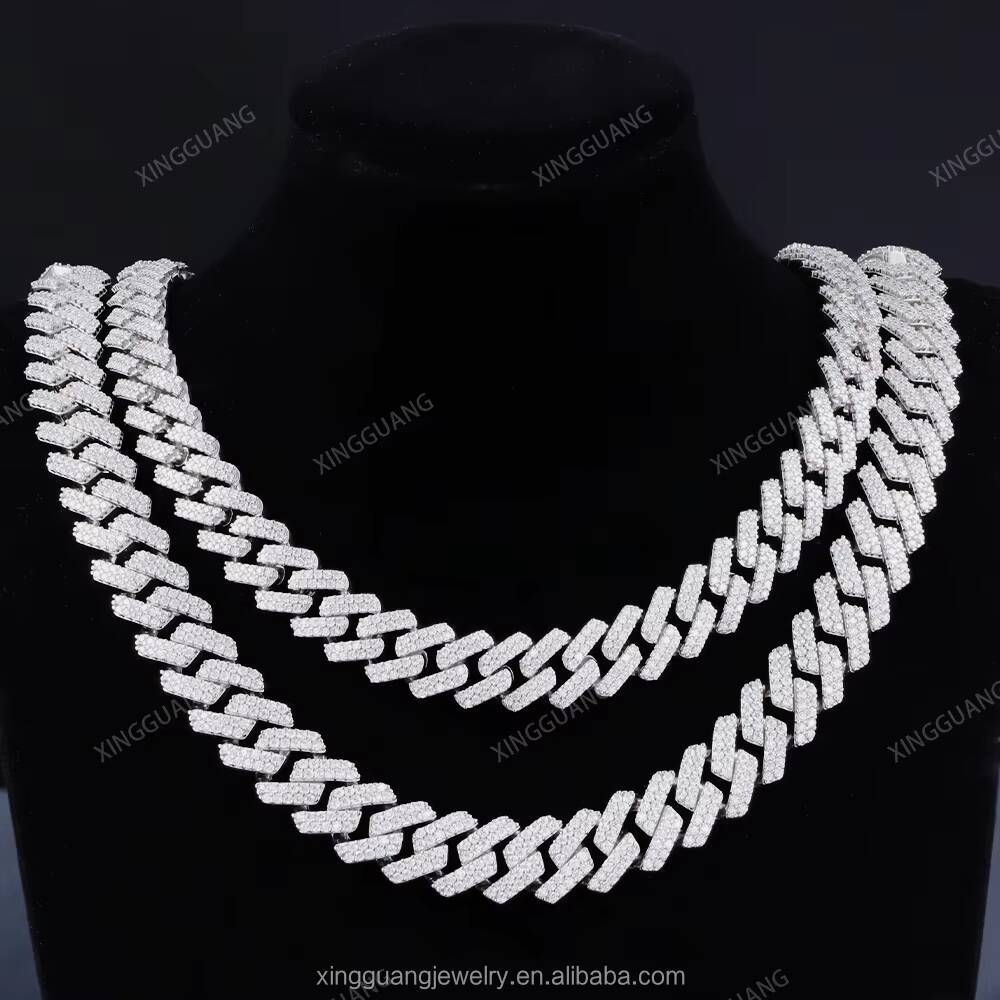 XingGuang 13mm 15mm 20mm Hip Hop Iced Out Cuban Chain Necklace 100% Pass Diamond Test Vvs Moissanite 925 Silver Cuban Link Chain