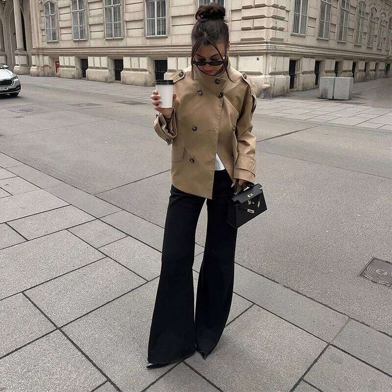 Vintage Double Breasted Trend Coat Women Commute Elegant Loose Long Sleeve Top Jacket Spring Street Stand Collar Outwear
