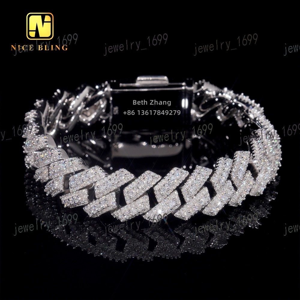 Men Hip Hop Bracelet 925 Silver Iced Out Jewelry VVS Moissanite Cuban Bracelet 3 Rows 15MM Lab Diamond Cuban Link Bracelet