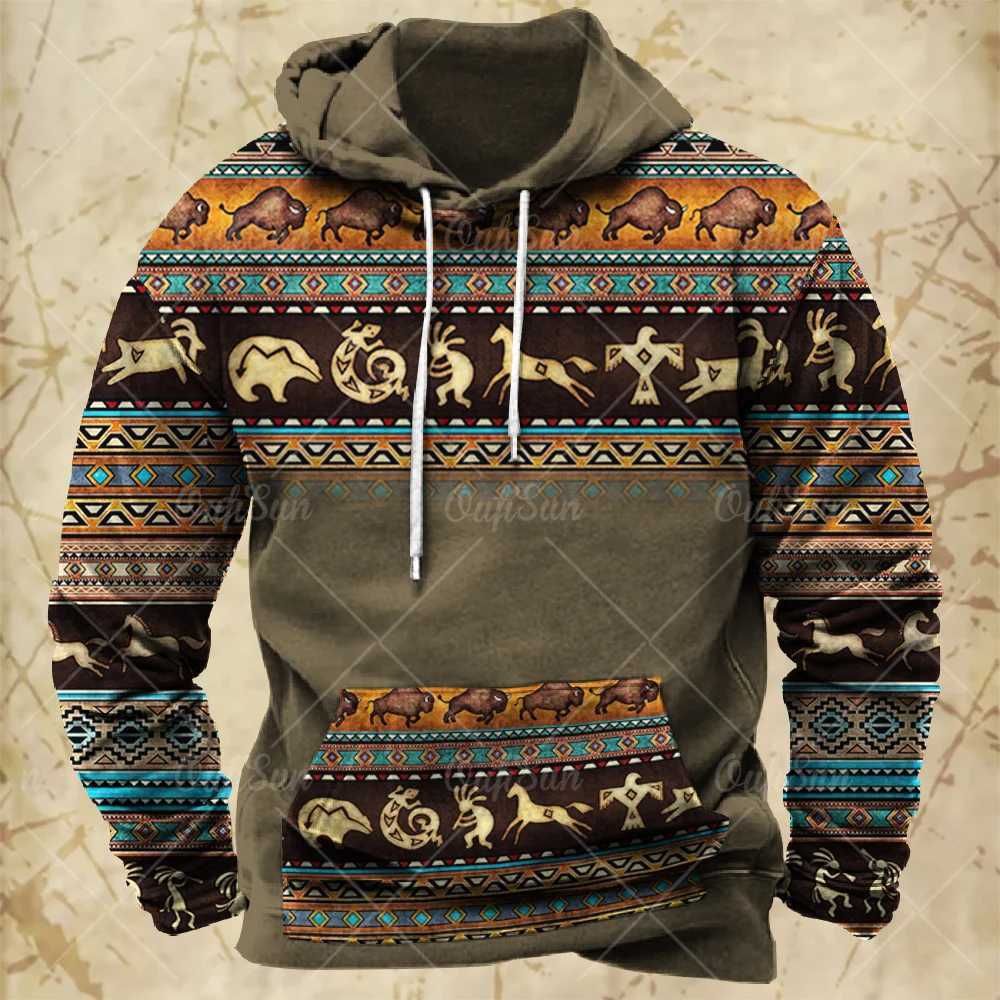 Men Hooded Vintage Print Sweatshirt Ethnic Style Hoodie Autumn and Winter Oversized Casual Mens Daily Streetwear Pullover XJ250714