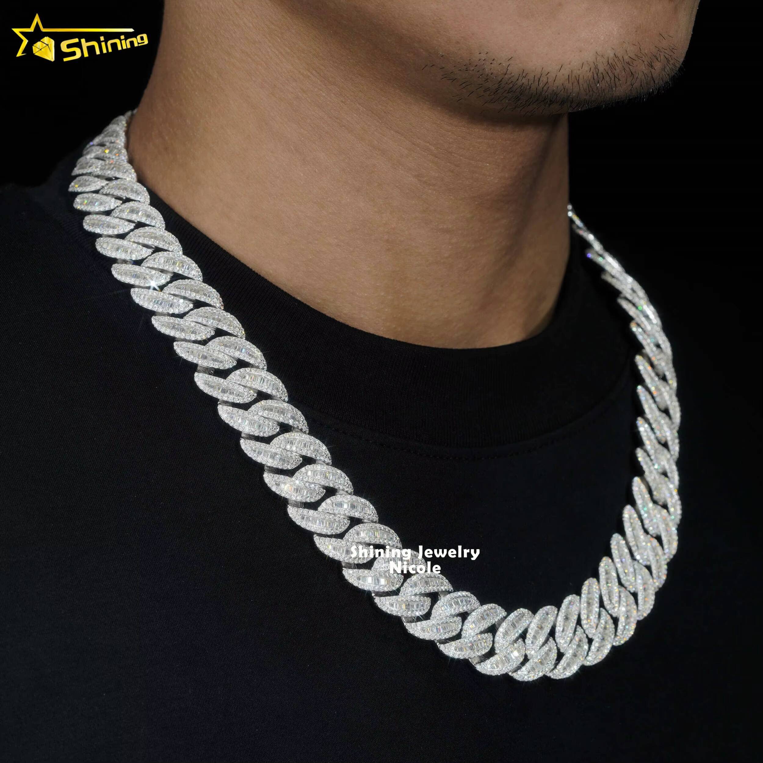 Luxury Hip Hop Style Baguette Diamond 19MM Miami Cuban Link Necklace 925 Sterling Silver Moissanite Cuban Chain