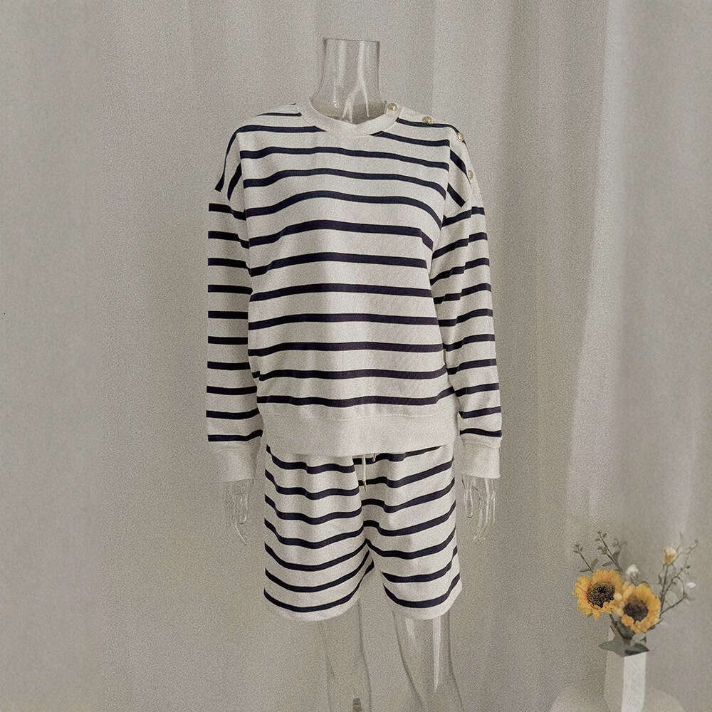 Spring And Autumn New Round Neck Loose Pullover Striped Color Block Sweatshirt Women's Set Long Sleeve Off-Shoulder Top + Shorts B5