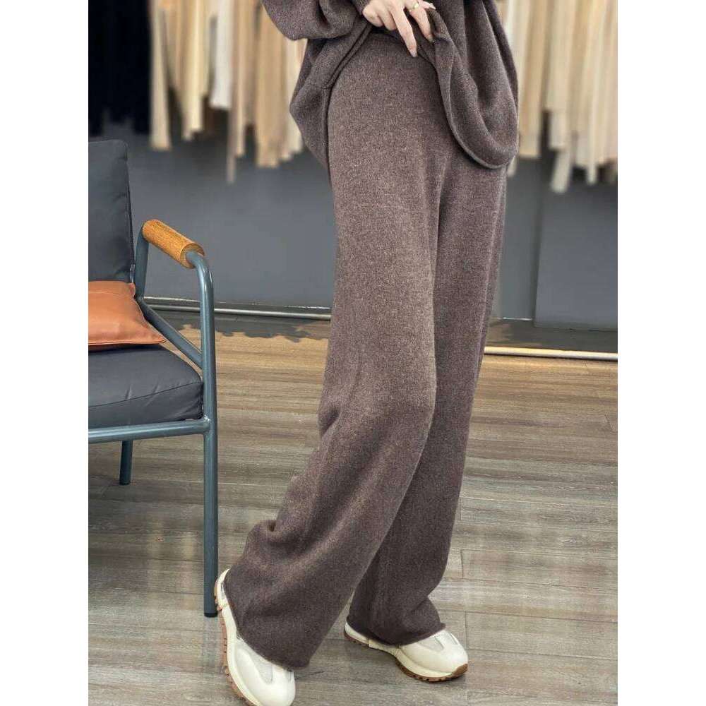 Women's Loose Suit Spring Fall Winter 100% Merino Wool O-Neck Pullover Sweater High Waist Straight Pants Knitting Two Piece Set MDNG