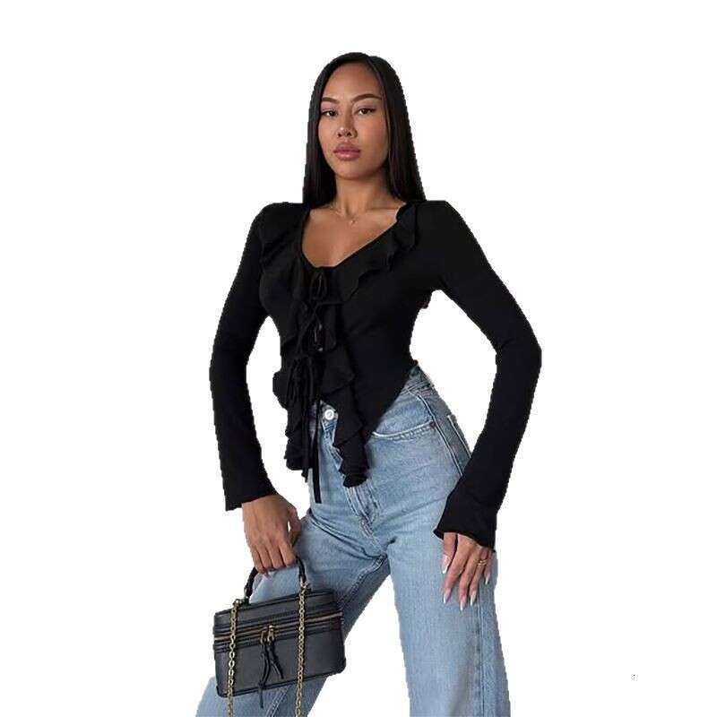 New Style Lace-Up Long Sleeve Women's Ruffled Sweet Spicy Pure Desire Short Top V-Neck Slim Sexy B5