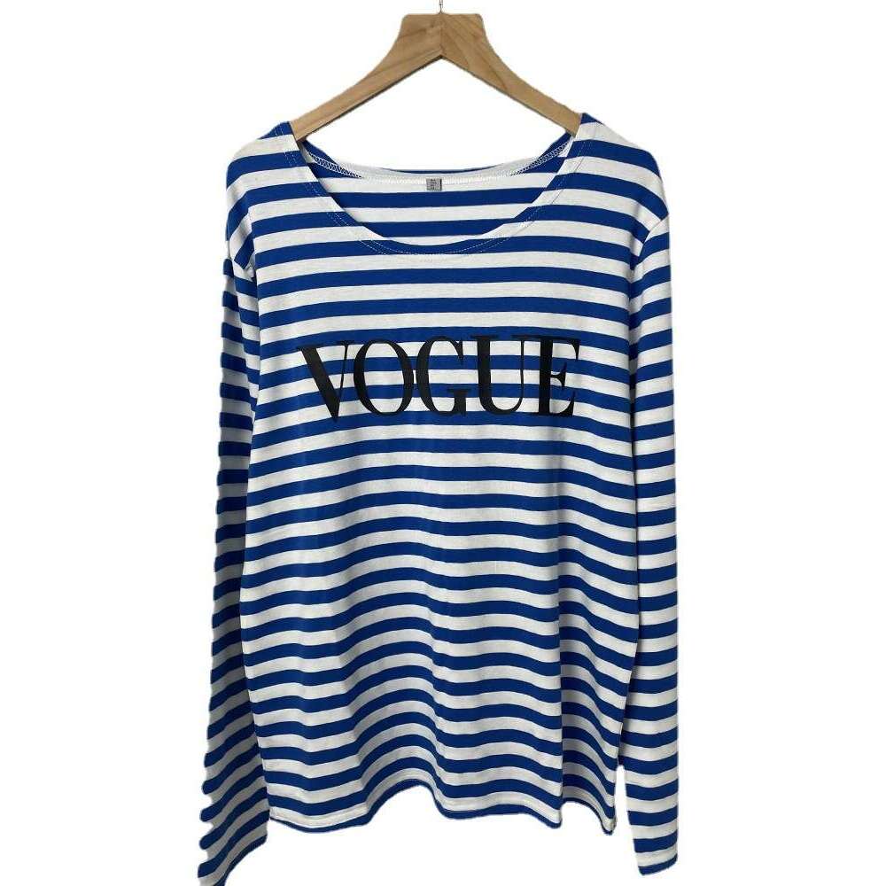Spring Summer New Printed Striped Cotton Long Sleeve T-Shirt Women's Style Soft Loose Top Vogue B5