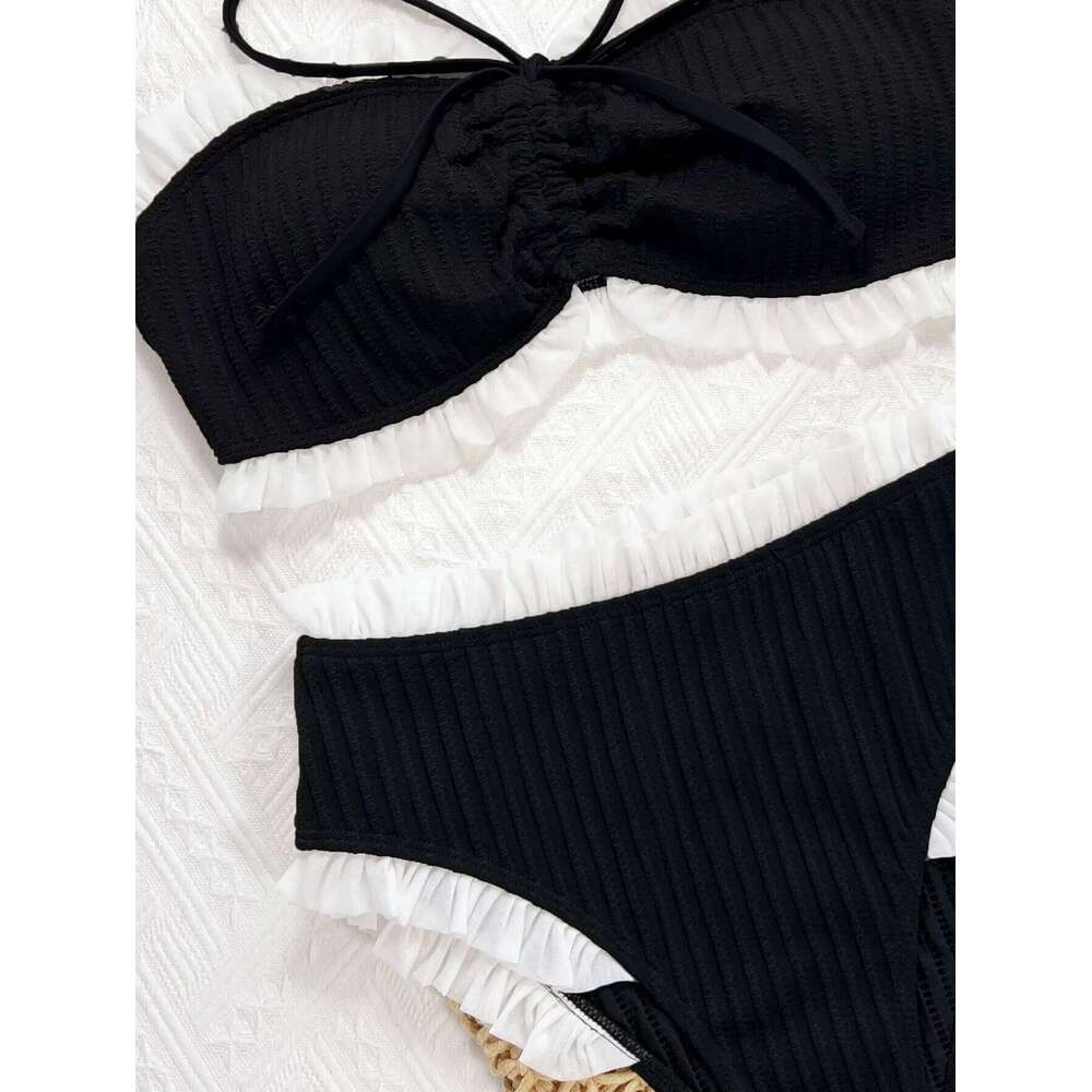 Frilled Ruffle Wrinkled Bandeau Bikini Set White Black Contrast Color Women Swimwear Female Swimsuit Bather Bathing Suit Biquini