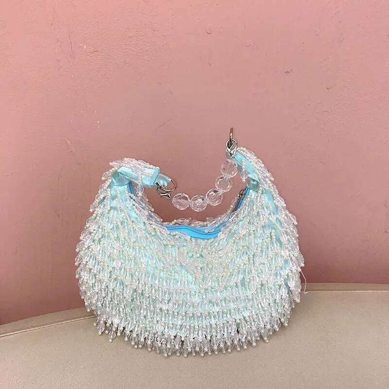 FIRMRANCH Summer Fresh Sweet Light Blue Handmade Beaded Fringe Design Elegant Lady's Dinner Bag Chic Evening Dress Purse Hobostote bagluxury bag