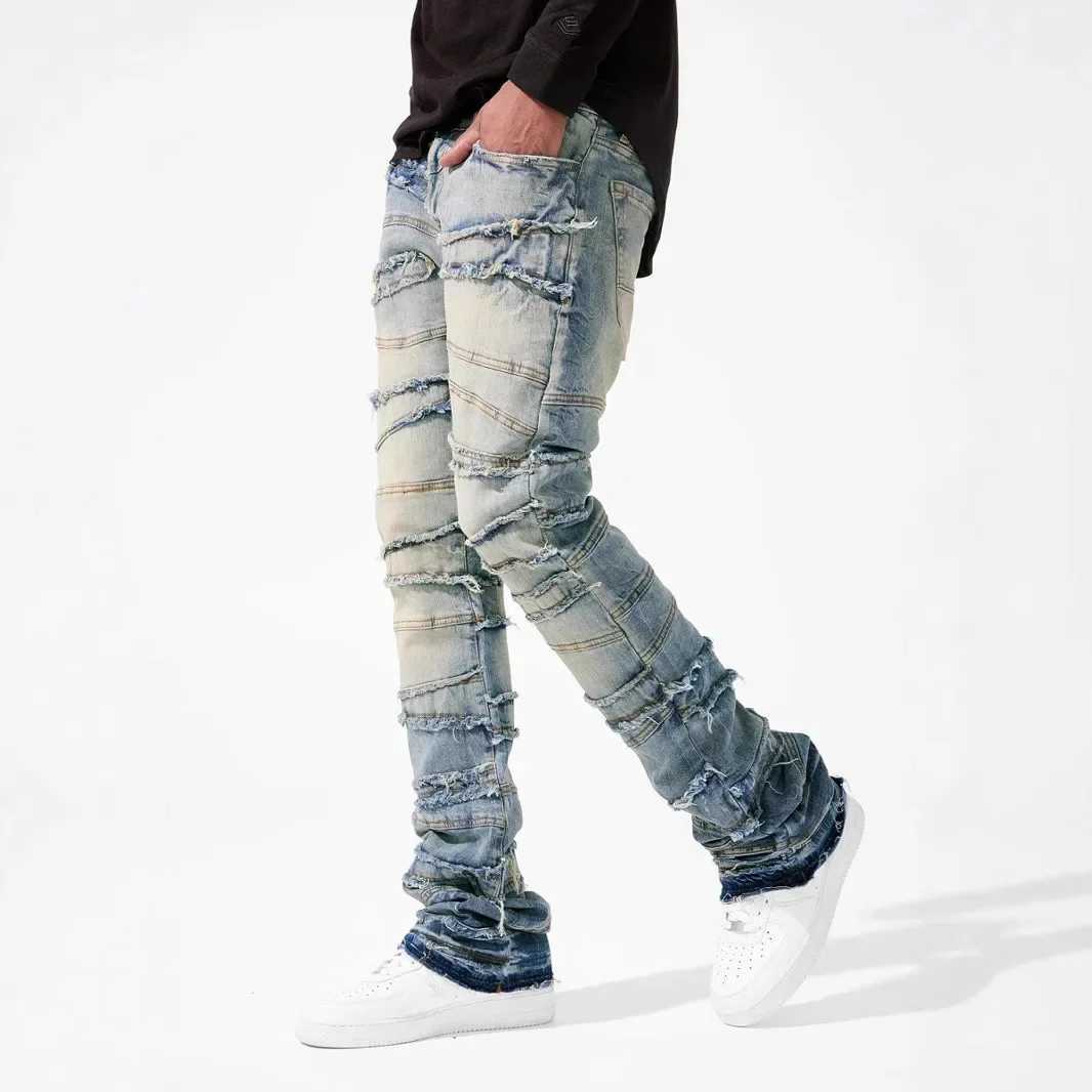 Four Seasons Mens American Style High Street Elastic Patchwork Jeans Pants Hip-hop Trendy Casual Straight Denim Trousers Men X2507181