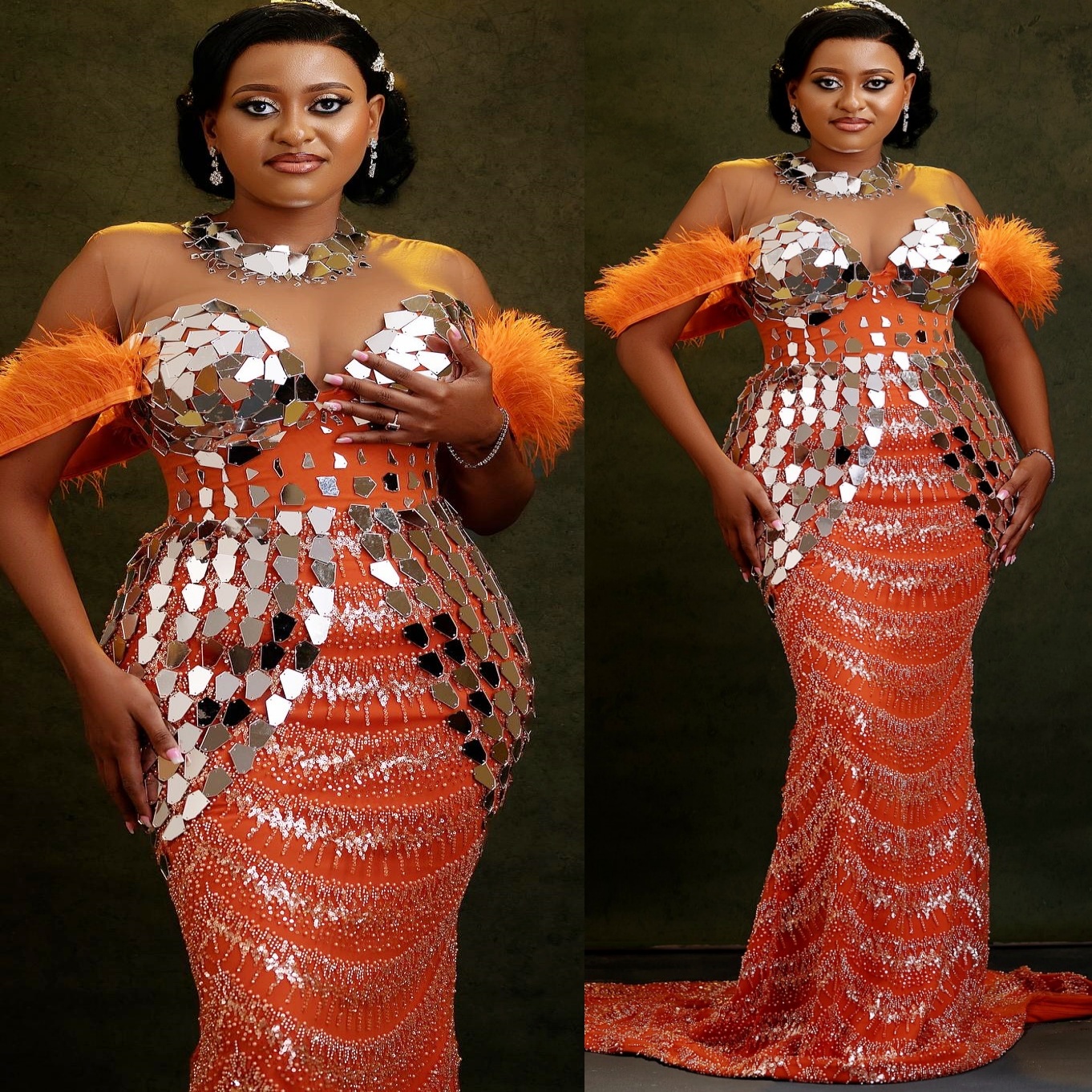 Orange Mermaid Prom Dresses 2025 Feather Crystals Sequined Evening Formal Party Second Birthday Engagement Gowns Plus Size Dress For Special Occasions