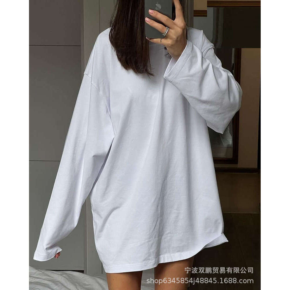 Spring And Autumn New Solid Color Long Sleeve T-Shirt For Women BF Style Extended Pure Cotton Top 3317A B5