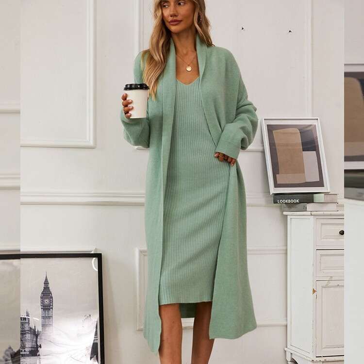 Autumn Winter New Style Knitted Suit For Women Elegant Vest Dress + Long Cardigan Coat Hot B5