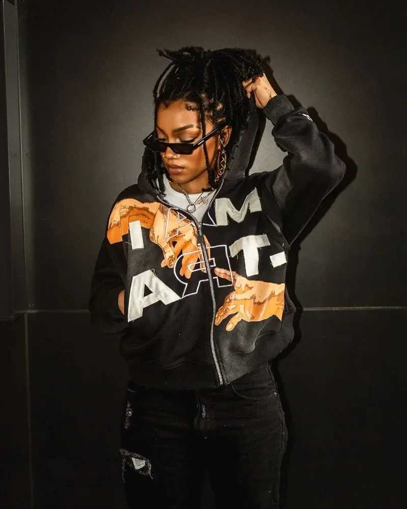 American Retro Letter Print Harajuku Y2K Loose Sweatshirt Men Street Casual Fashion Couple Oversized Zipper Hoodie Women X2507181