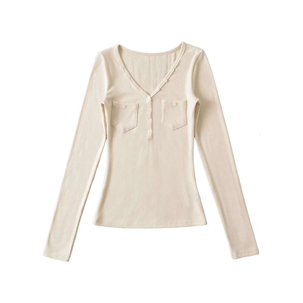 French V-Neck Long Sleeve T-Shirt For Women, Autumn Slim Fit Basic Solid Color Slimming Hot Girl Base Shirt Top Ins B5