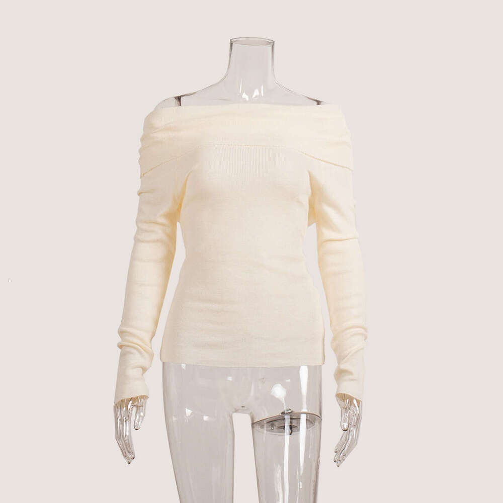 Spring Women's Sexy Slim Fit Solid Color Pullover Off-Shoulder Long Sleeve Knit Sweater B5