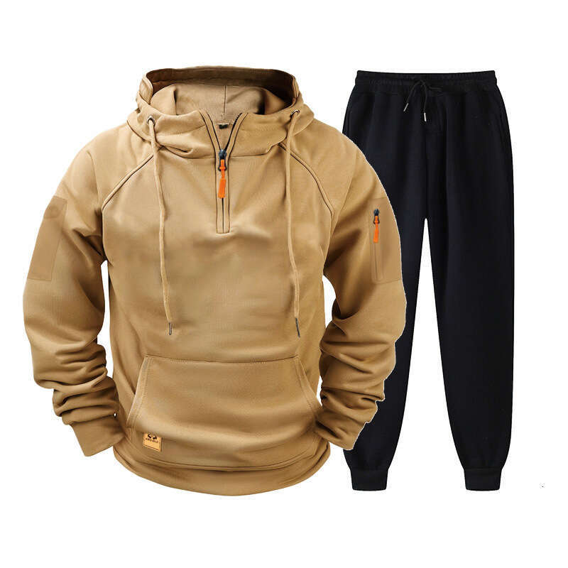 Zipper Pullover Sports Set Fashion Multi-Pocket Fleece Men's Hoodie Sweatpants B5