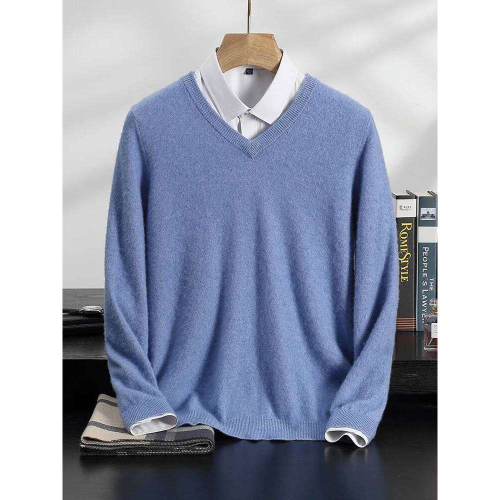 Aliselect Autumn Winter Men Sweater V-Neck Long Sleeve Pullover 100% Cashmere Knitwear Smart Casual Soft Comfort Jumper