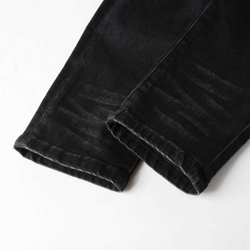 Mens Cracked Red Pleated Patch Biker Jeans Streetwear Patchwork Stretch Denim Pants Skinny Tapered Black Trousers X250812