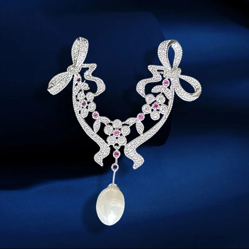 OKILY Lovely Style Freshwater Pearl Brooches Zircon Bowknot Flower Broche Decorativo De Ropa for Womans Clothing Corsage 250712