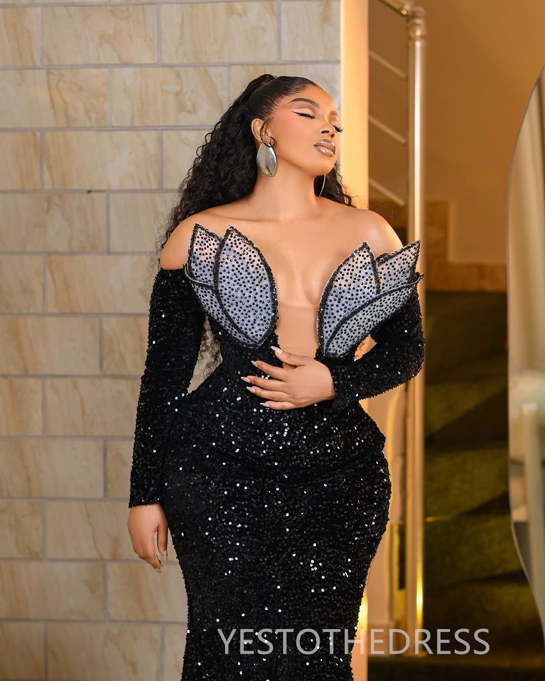 2025 Plus Size Black Aso Ebi Prom Dress Mermaid Prom Dresess Evening Formal Gowns Off Shoulder Bead Sequin Lace Birthday Second Reception Gown For Bla