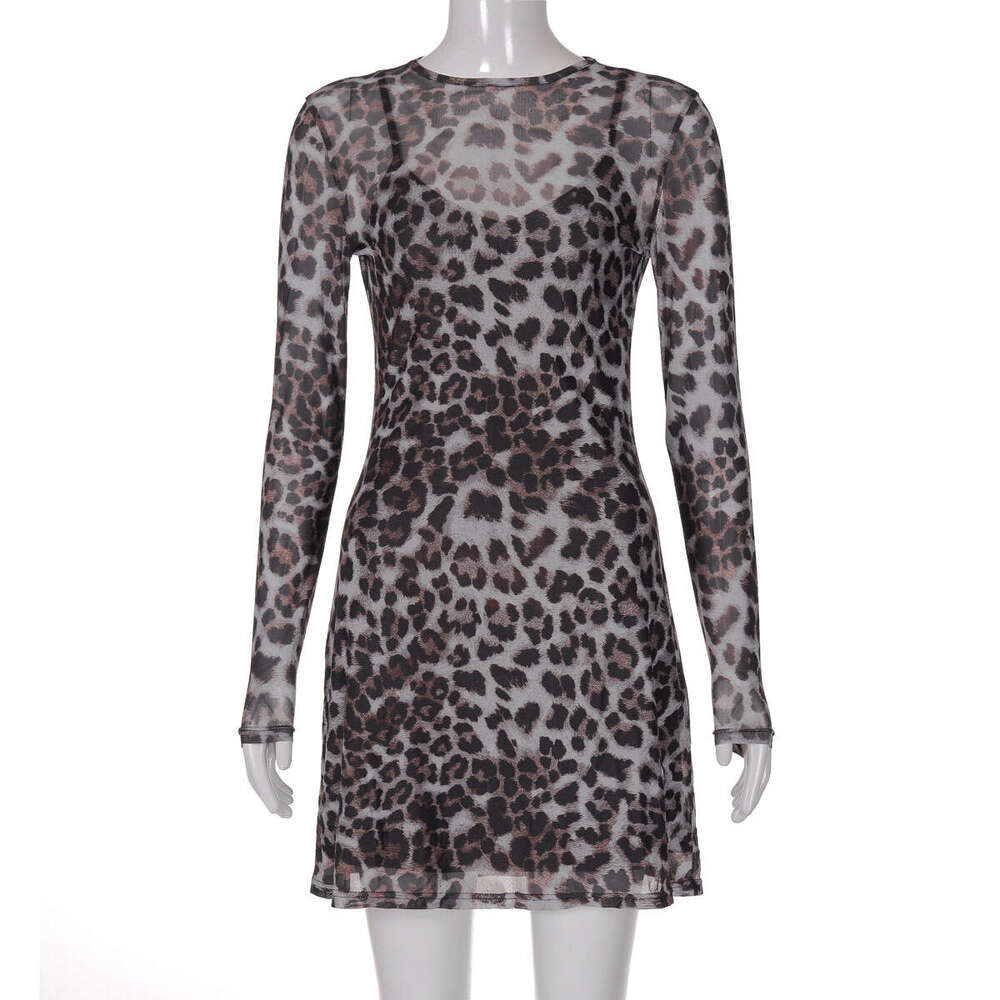 Autumn New Fashion Personality Leopard Print Mesh Sheer Dress B5